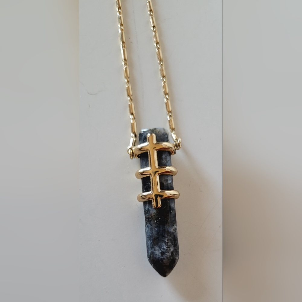 Stella & Dot Gold Rope Chain Necklace w/ encased Black Soap Stone Pendant